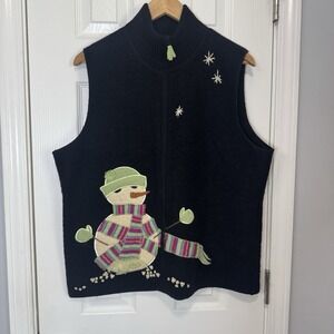 Coldwater Creek Holiday Snowman Black Boiled Wool Sweater‎ Vest  Womens XL